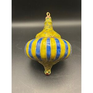 Vintage Cloisonné Enamel‎ Spice Pendant Ornament Blue Yellow Moroccan Decor